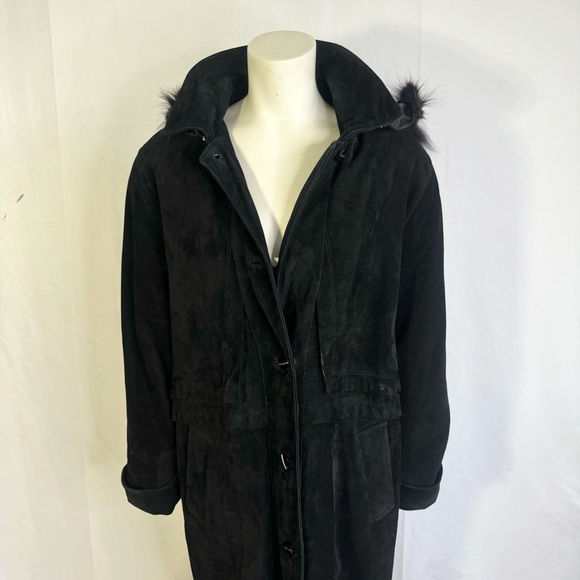 VERNISSAGE VINTAGE BLACK LEATHER TRENCH COAT WINTER COAT WITH FAUX FUR LARGE - Picture 7 of 17